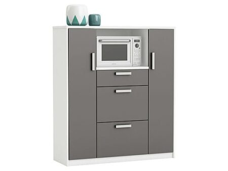 Mueble auxiliar de cocina con espacio para microondas 116x132 cm, armario con cajones y estantes en melamina blanco y gris