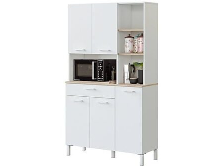 Alacena de cocina 108x186 cm con 5 puertas, cajón y hueco para microondas, mueble en melamina blanco mate y roble