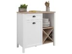 Buffet bajo de cocina 95 cm con cajón, puerta y botellero, mueble auxiliar en melamina blanco y roble Jackson