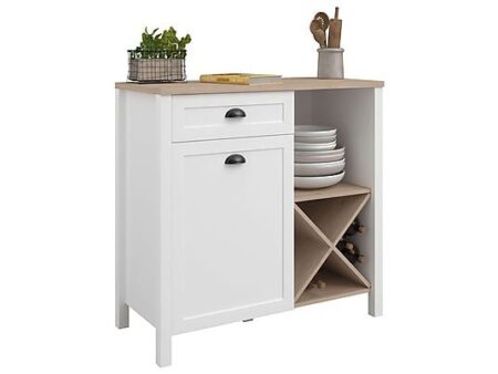 Buffet bajo de cocina 95 cm con cajón, puerta y botellero, mueble auxiliar en melamina blanco y roble Jackson