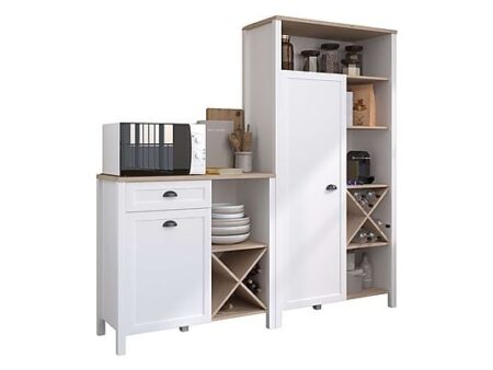 Pack muebles de cocina buffet alto y bajo Coper, armario de cocina con estantes y cajón, melamina blanco y madera