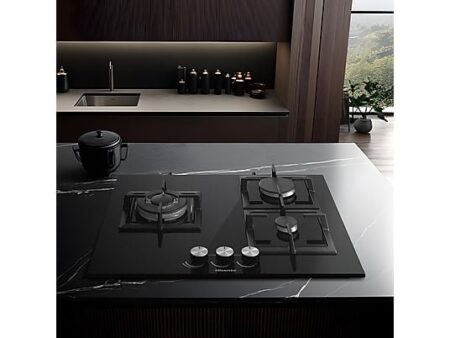 Placa de Gas Hisense GG633B, 3 Zonas, 58 cm, Gas Natural, Encendido Fácil, Fogón Wok, Cristal Negro