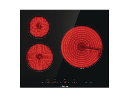 Placa Vitrocerámica Hisense E6332BSCE, 3 Zonas, 5700W, 59 cm, Negro, Control Táctil, Bloqueo Infantil