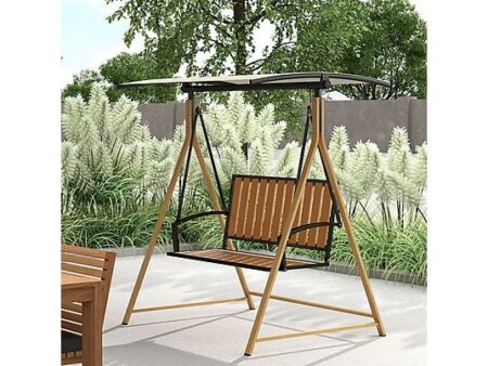 Columpio de Jardín Outsunny 84A-368V00BG, 2 Plazas, Estructura de Metal, Asiento de Madera y Plástico, Toldo Ajustable - 142x112x162 cm