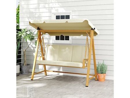 Columpio de Jardín Outsunny 84A-341V00BG, 3 Plazas, Metal con Acabado Madera, Toldo Ajustable y Respaldo Acolchonado - 195x120x170 cm