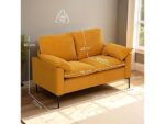 Sofá HOMCOM 2 Plazas Amarillo Mostaza Terciopelo, Cojines 12 cm Espuma Alta Resiliencia, Patas de Metal
