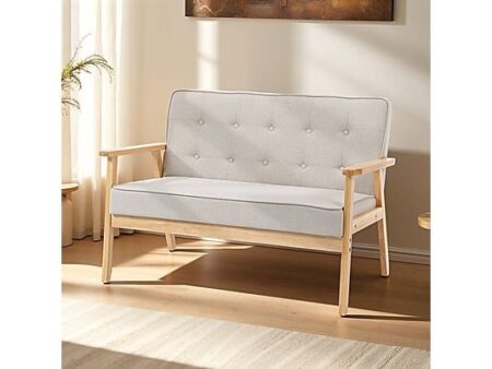 Sofá HOMCOM 2 Plazas Beige, Estilo Retro, Tejido de Lino Sintético, Cojín Acolchado con Botones, Patas de Madera de Caucho, Soporta hasta 220 kg