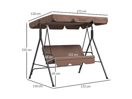Columpio de Jardín Outsunny 3 Plazas, Acero, Poliéster, Toldo Ajustable, Marrón, 200 kg Capacidad - 172x110x153 cm