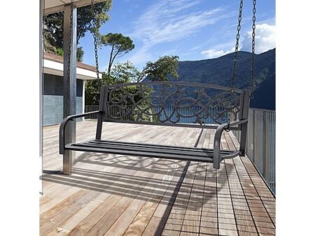Banco Columpio de Jardín OUTSUNNY 84A-263V00BK, 2 Plazas, Acero Resistente, Carga Máxima 240 kg, Negro, 127x59.5x52 cm
