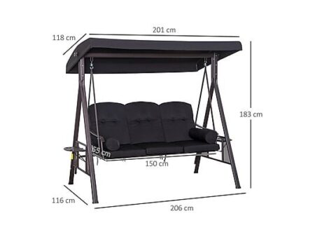 Columpio de Jardín Reclinable 3 Plazas OUTSUNNY 84A-069BK, Toldo, Metal y Poliéster, Negro, 206x116x183 cm