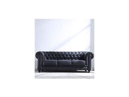 Sofá Chester 3 Plazas DUEHOME Símil Piel Negro - Diseño Clásico con Capitonné y Reposabrazos Voluta