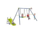Columpio Infantil 4 en 1 NORTHIO, Tobogán, Columpio con Platillo, Aro de Baloncesto, Multicolor, Para Niños de 3 a 12 Años