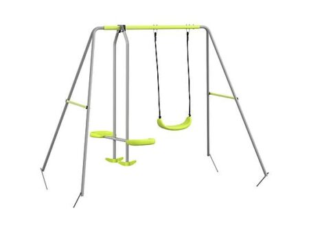 Columpio Tobogán Infantil Outsunny 3 Plazas, Gris y Verde, Columpio Simple y Planeador para Niños, Metal, PE, 255x160x180 cm, 45 kg por Asiento